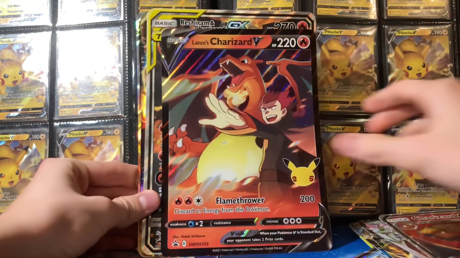 A jumbo Pokemon card of Lance's Charizard