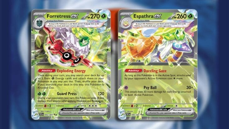 Forretress Ex And Espathra Ex From Paldean Fates, Some Examples Of Tera Pokemon In Pokemon Tcg